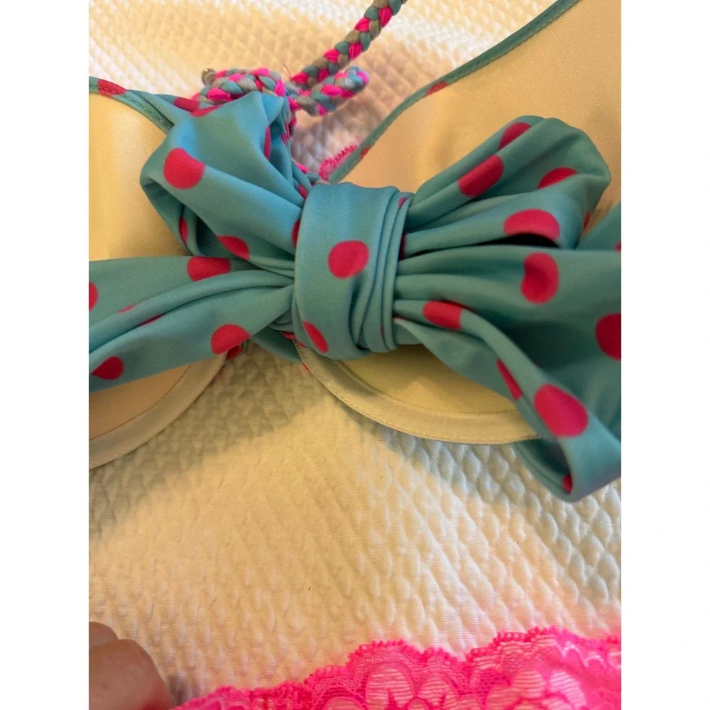 Rare Beach Bunny Polka Dot Lace Bikini Set Teal Pink Halter Top XL Bottom L